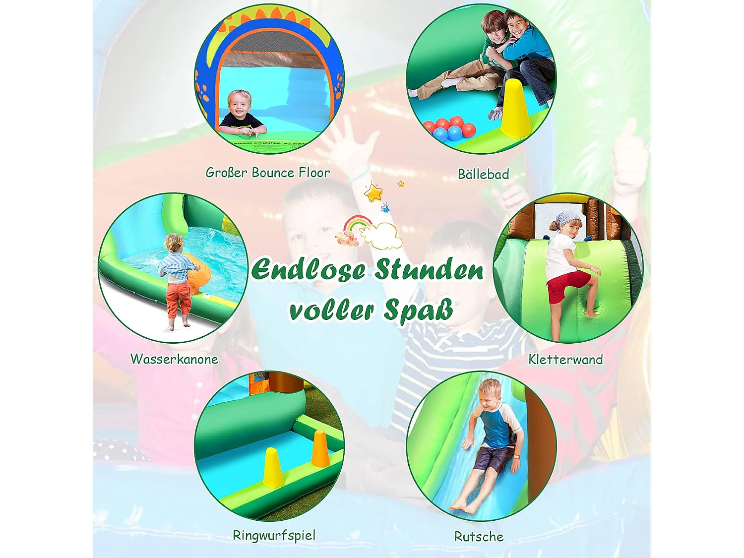 Springkasteel met ventilator, waterglijbaan, waterspeelcentrum met glijbaan, waterpark, kinderbadje, 368 x 303 x 230 cm AB92918