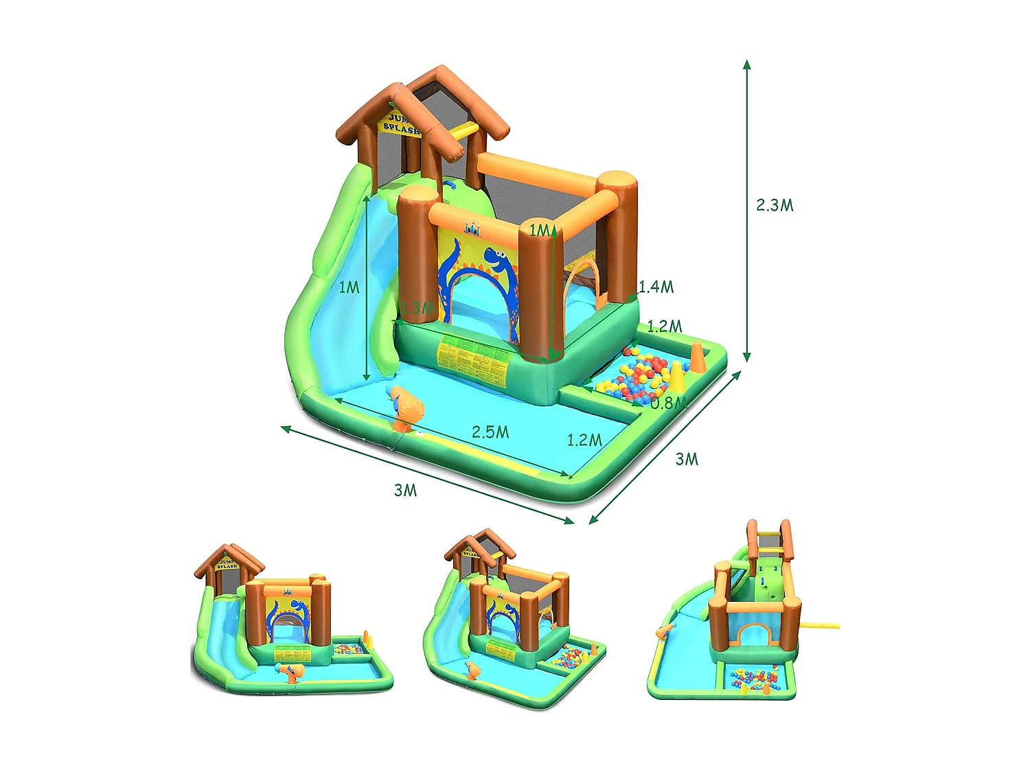 Springkasteel met ventilator, waterglijbaan, waterspeelcentrum met glijbaan, waterpark, kinderbadje, 368 x 303 x 230 cm AB92918