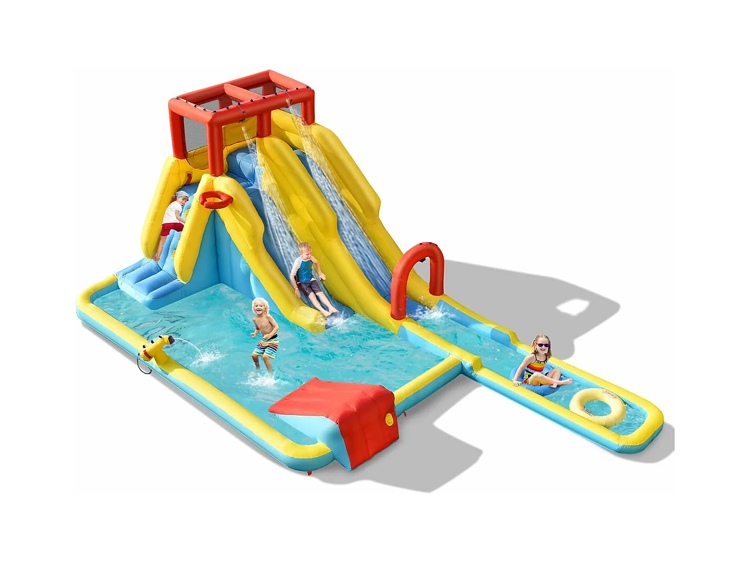 Opblaasbaar springkasteel met lange dubbele glijbanen,speelzwembad, waterspeelcentrum, glijbaan, waterpark, 622 x 335 x 225 cm