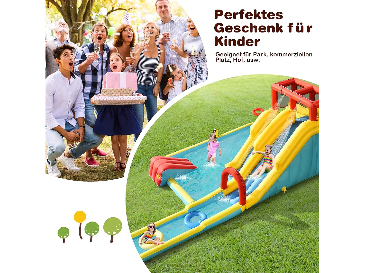 Opblaasbaar springkasteel met lange dubbele glijbanen,speelzwembad, waterspeelcentrum, glijbaan, waterpark, 622 x 335 x 225 cm