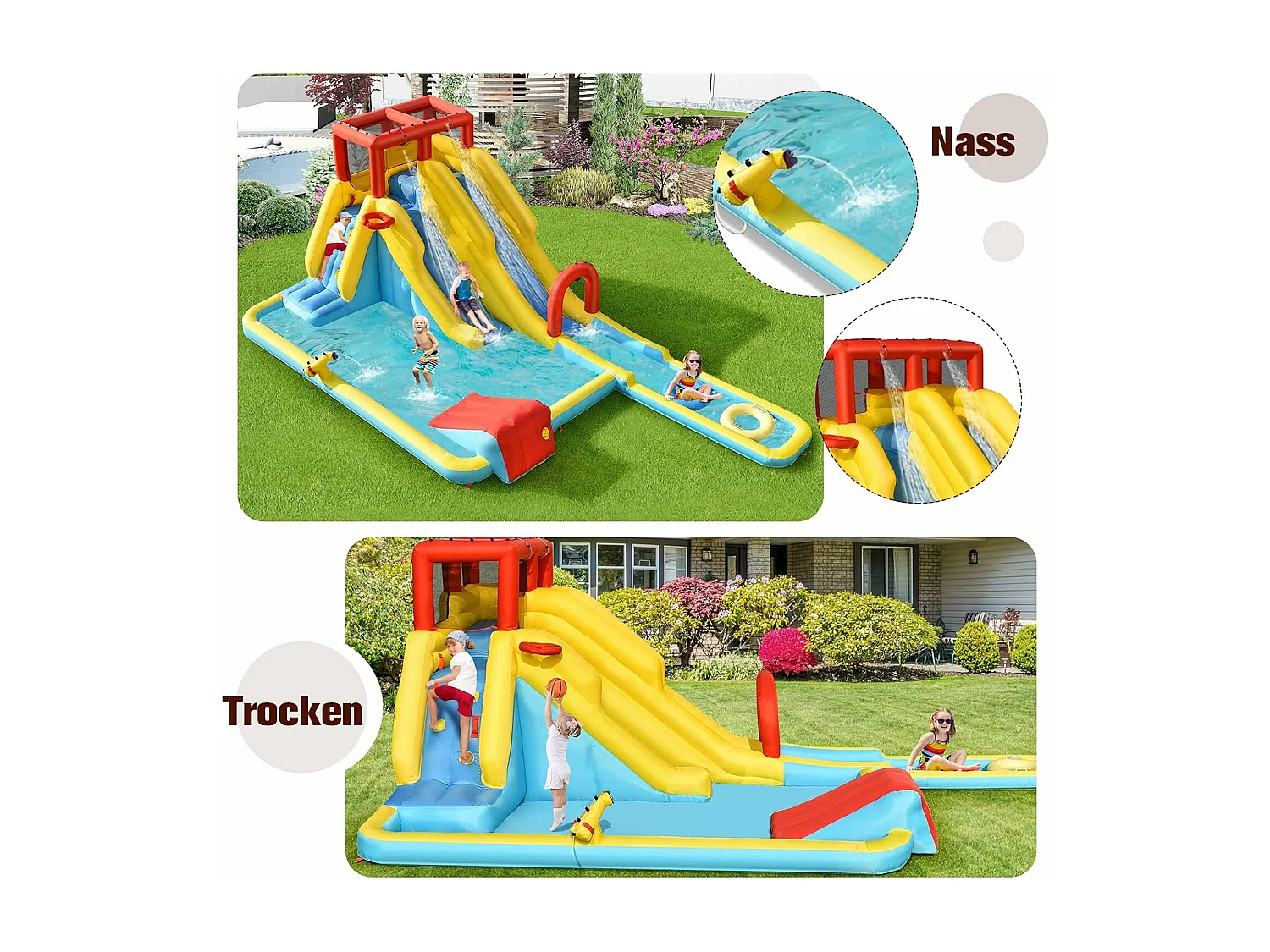 Opblaasbaar springkasteel met lange dubbele glijbanen,speelzwembad, waterspeelcentrum, glijbaan, waterpark, 622 x 335 x 225 cm