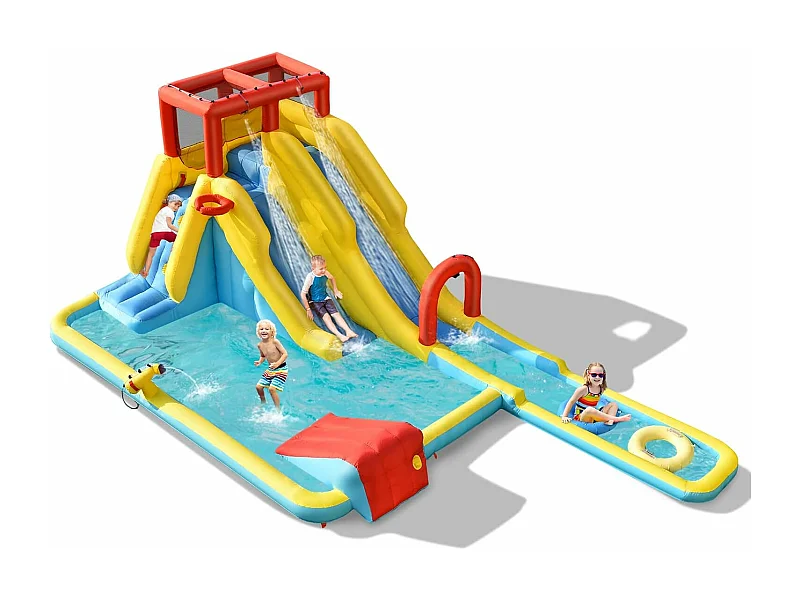 Opblaasbaar springkasteel met lange dubbele glijbanen,speelzwembad, waterspeelcentrum, glijbaan, waterpark, 622 x 335 x 225 cm