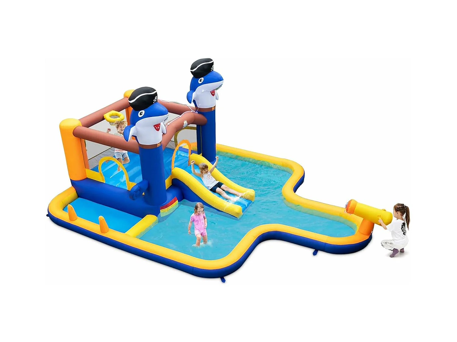 Springkasteel met droog-/waterglijbaan, springgebied, kinderbadje, waterkanon, basketbalkorf en boksspel, Bouncy Castle, 578 x 408 x 250 cm