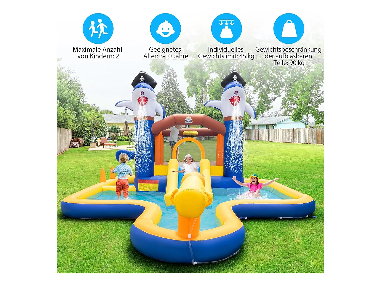 Springkasteel met droog-/waterglijbaan, springgebied, kinderbadje, waterkanon, basketbalkorf en boksspel, Bouncy Castle, 578 x 408 x 250 cm