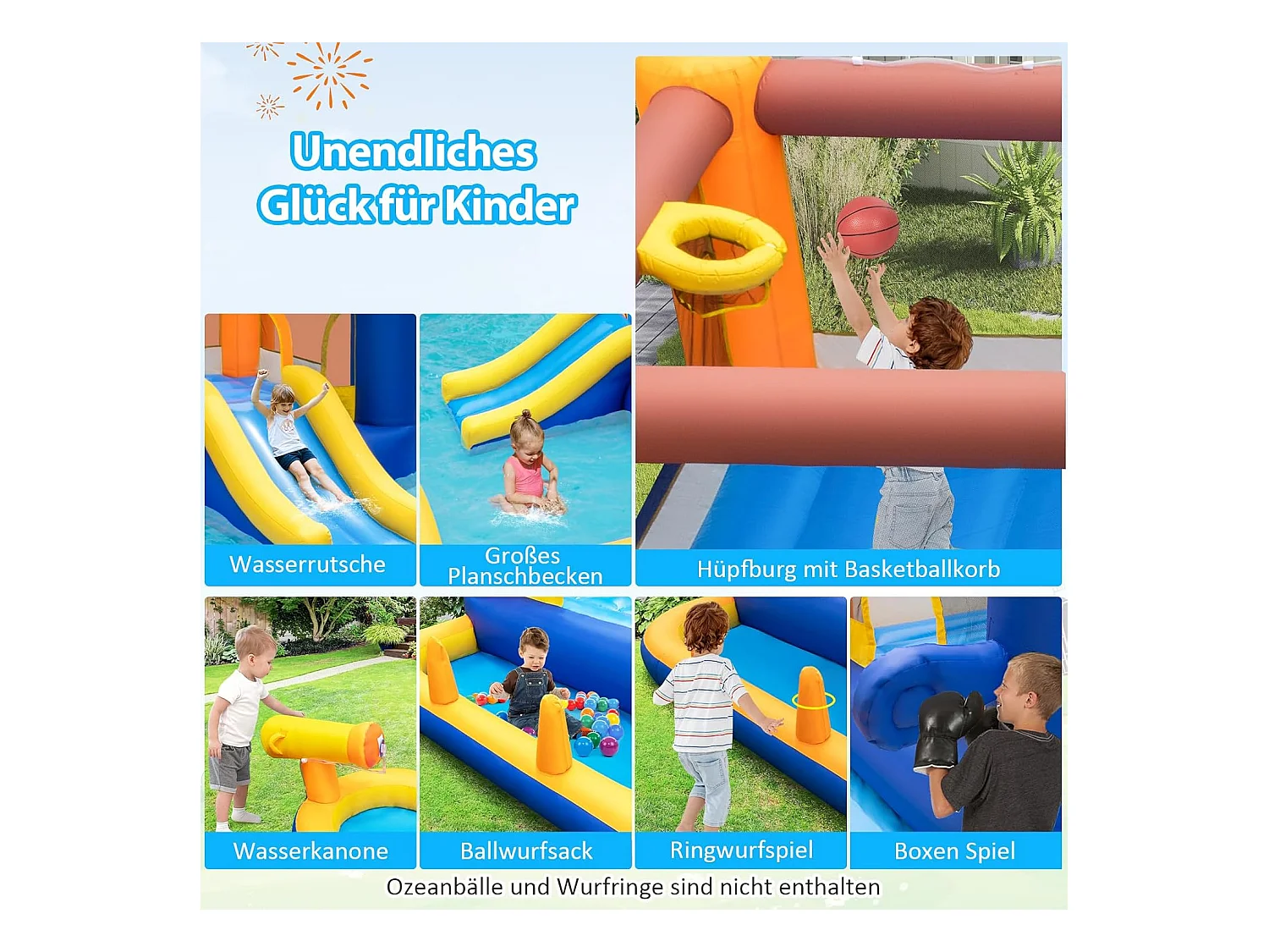 Springkasteel met droog-/waterglijbaan, springgebied, kinderbadje, waterkanon, basketbalkorf en boksspel, Bouncy Castle, 578 x 408 x 250 cm