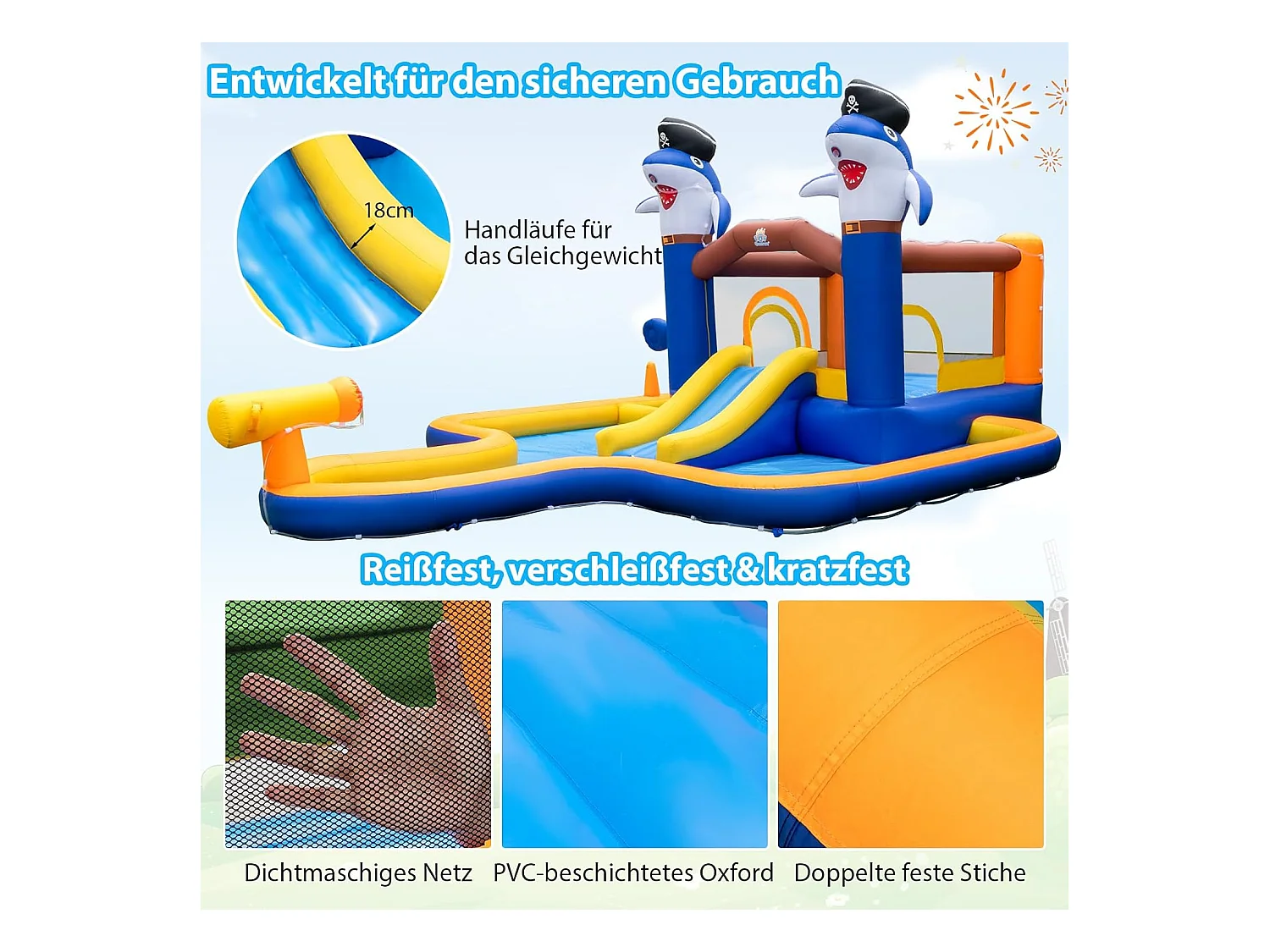 Springkasteel met droog-/waterglijbaan, springgebied, kinderbadje, waterkanon, basketbalkorf en boksspel, Bouncy Castle, 578 x 408 x 250 cm