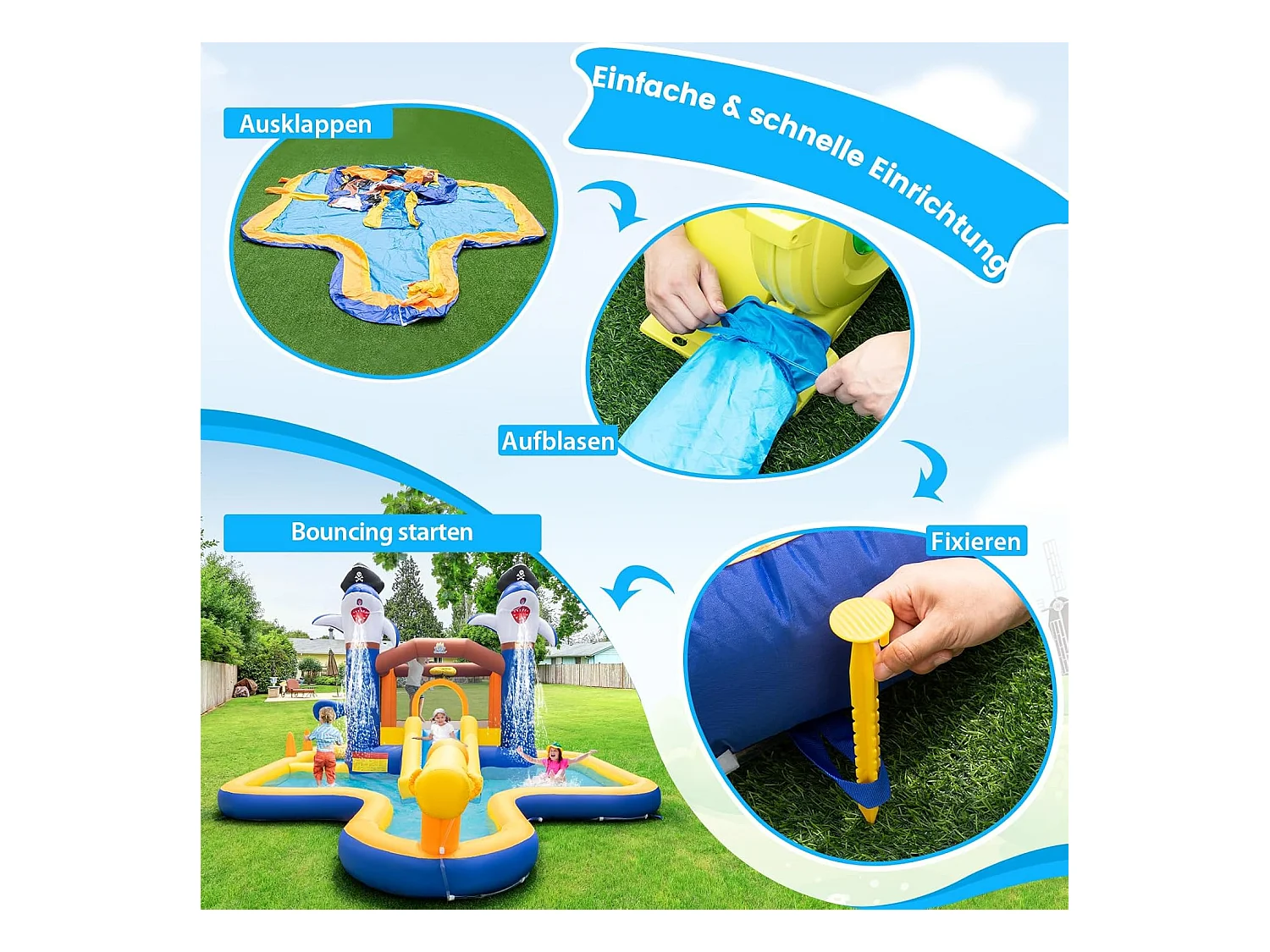 Springkasteel met droog-/waterglijbaan, springgebied, kinderbadje, waterkanon, basketbalkorf en boksspel, Bouncy Castle, 578 x 408 x 250 cm