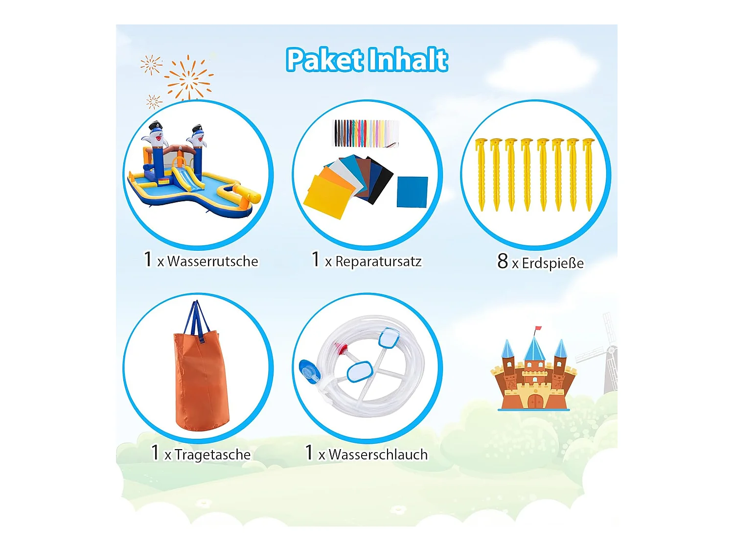 Springkasteel met droog-/waterglijbaan, springgebied, kinderbadje, waterkanon, basketbalkorf en boksspel, Bouncy Castle, 578 x 408 x 250 cm