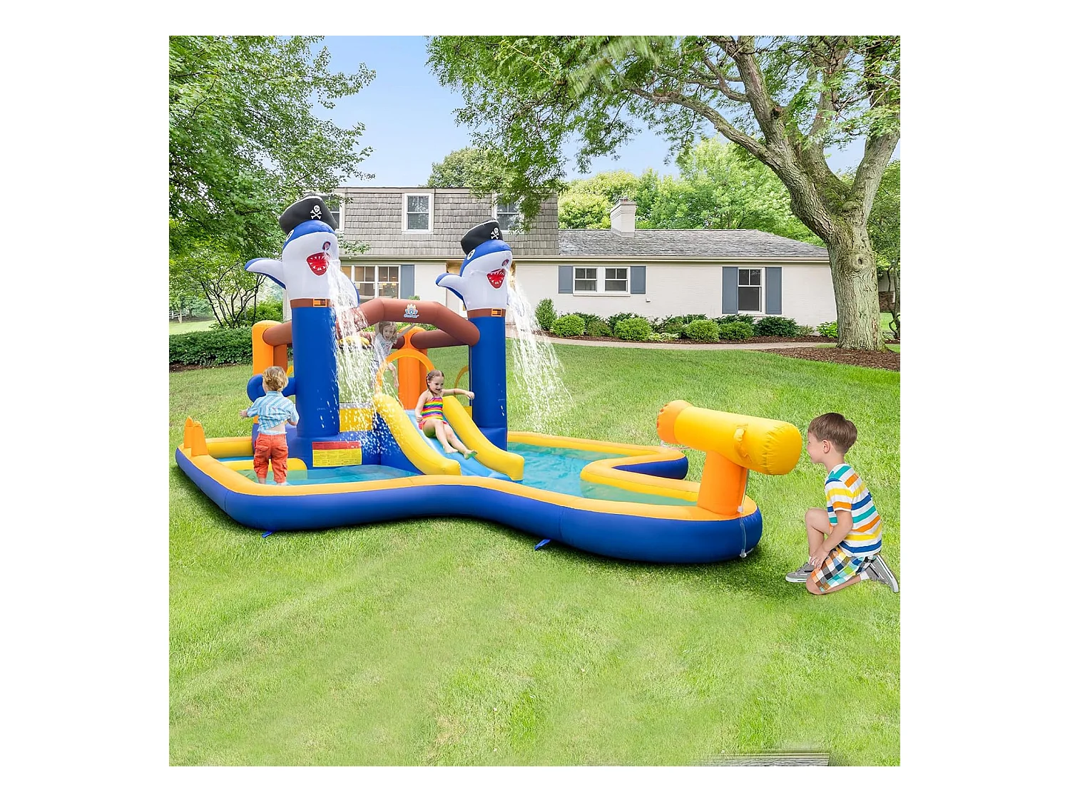 Springkasteel met droog-/waterglijbaan, springgebied, kinderbadje, waterkanon, basketbalkorf en boksspel, Bouncy Castle, 578 x 408 x 250 cm