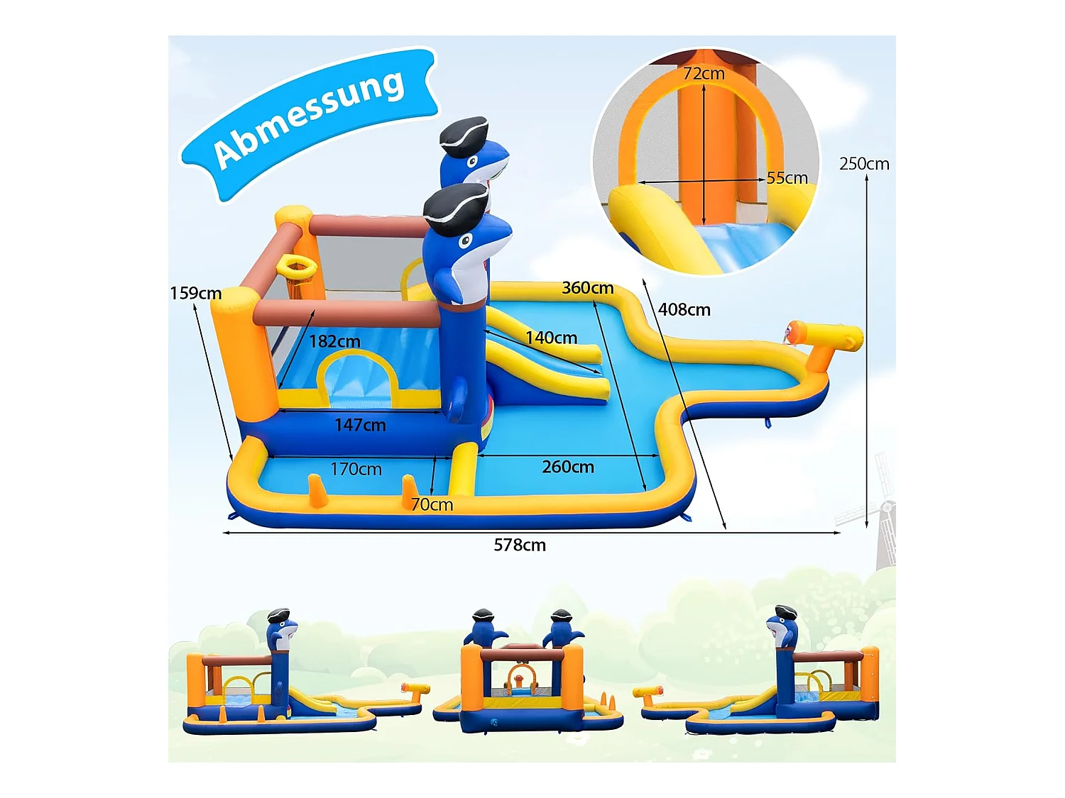 Springkasteel met droog-/waterglijbaan, springgebied, kinderbadje, waterkanon, basketbalkorf en boksspel, Bouncy Castle, 578 x 408 x 250 cm
