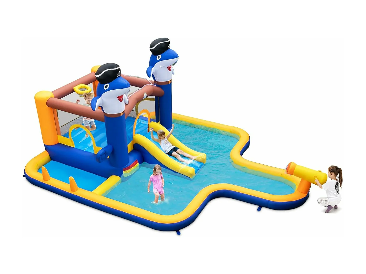 Springkasteel met droog-/waterglijbaan, springgebied, kinderbadje, waterkanon, basketbalkorf en boksspel, Bouncy Castle, 578 x 408 x 250 cm