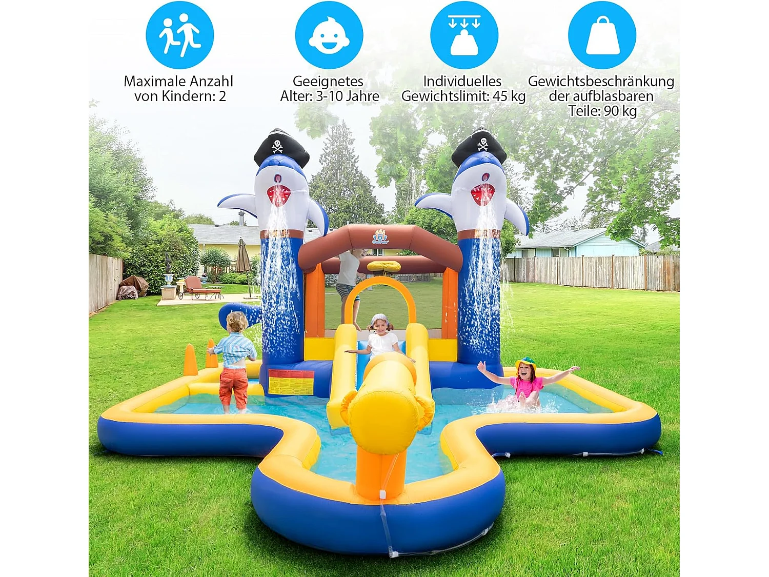 Springkasteel met droog-/waterglijbaan, springgebied, kinderbadje, waterkanon, basketbalkorf en boksspel, Bouncy Castle, 578 x 408 x 250 cm