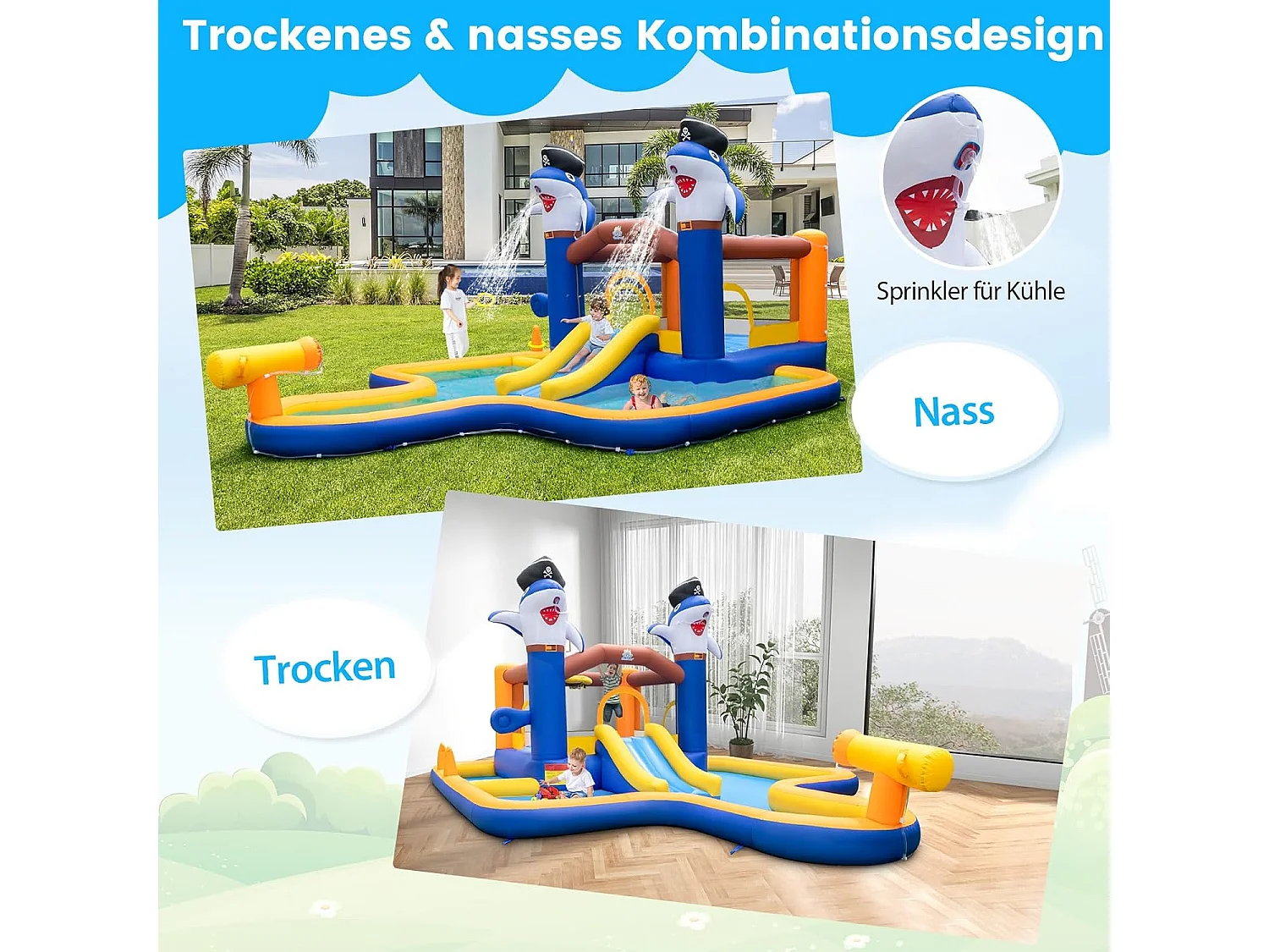 Springkasteel met droog-/waterglijbaan, springgebied, kinderbadje, waterkanon, basketbalkorf en boksspel, Bouncy Castle, 578 x 408 x 250 cm