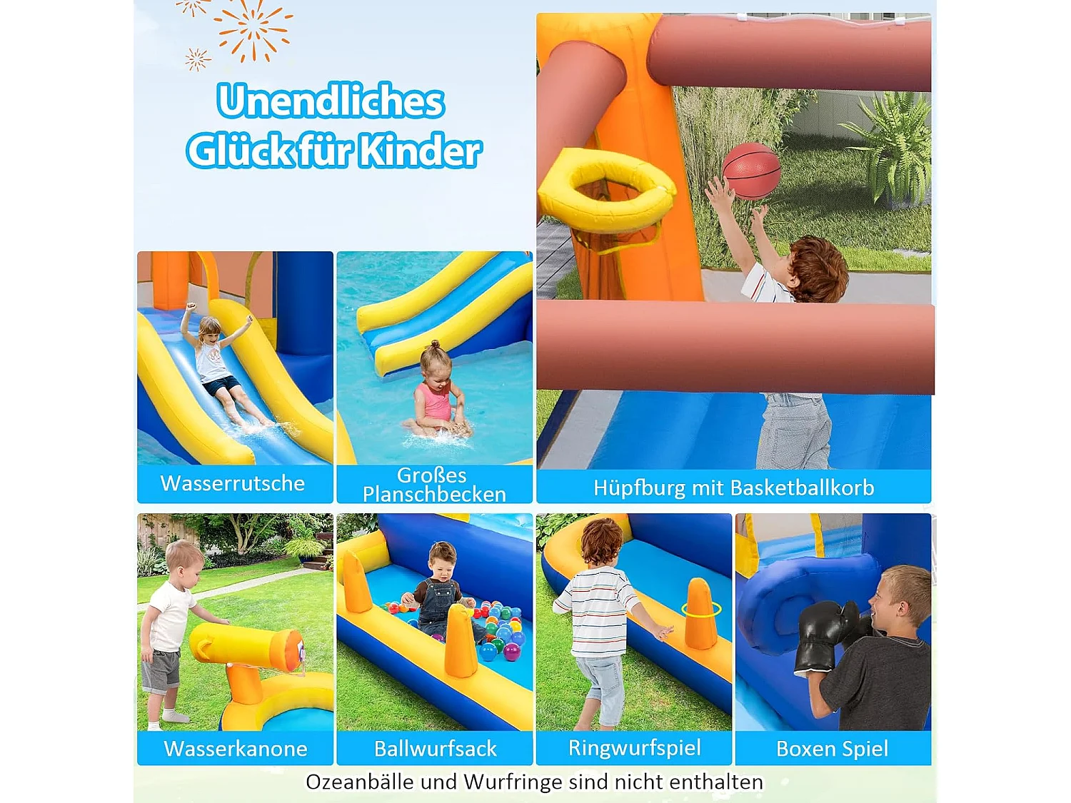 Springkasteel met droog-/waterglijbaan, springgebied, kinderbadje, waterkanon, basketbalkorf en boksspel, Bouncy Castle, 578 x 408 x 250 cm