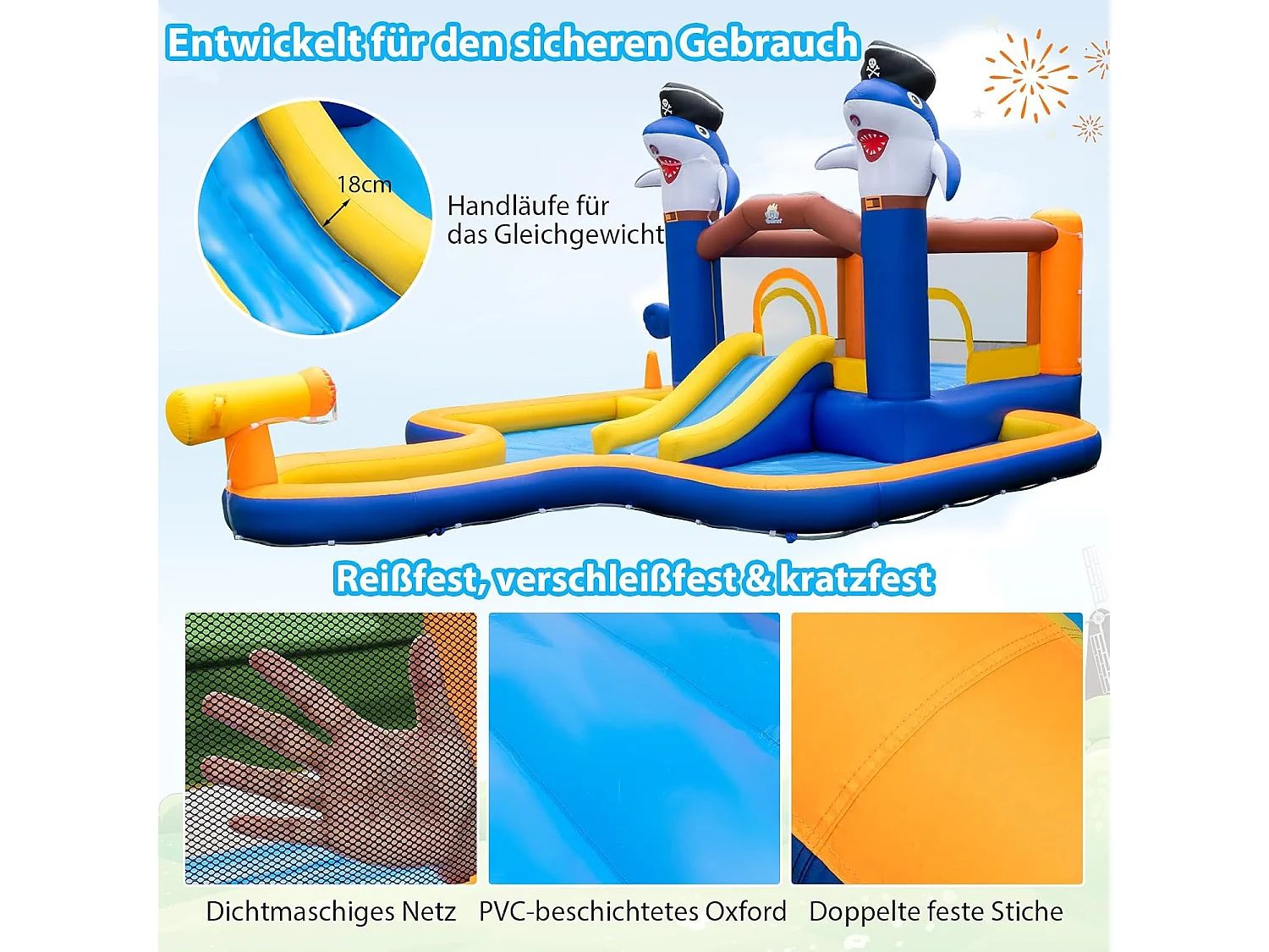 Springkasteel met droog-/waterglijbaan, springgebied, kinderbadje, waterkanon, basketbalkorf en boksspel, Bouncy Castle, 578 x 408 x 250 cm