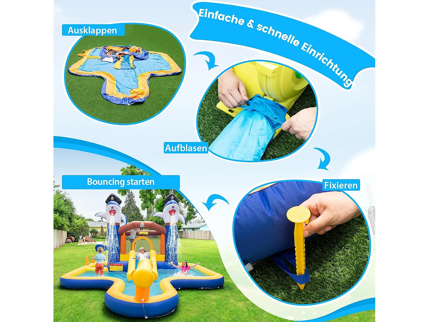 Springkasteel met droog-/waterglijbaan, springgebied, kinderbadje, waterkanon, basketbalkorf en boksspel, Bouncy Castle, 578 x 408 x 250 cm