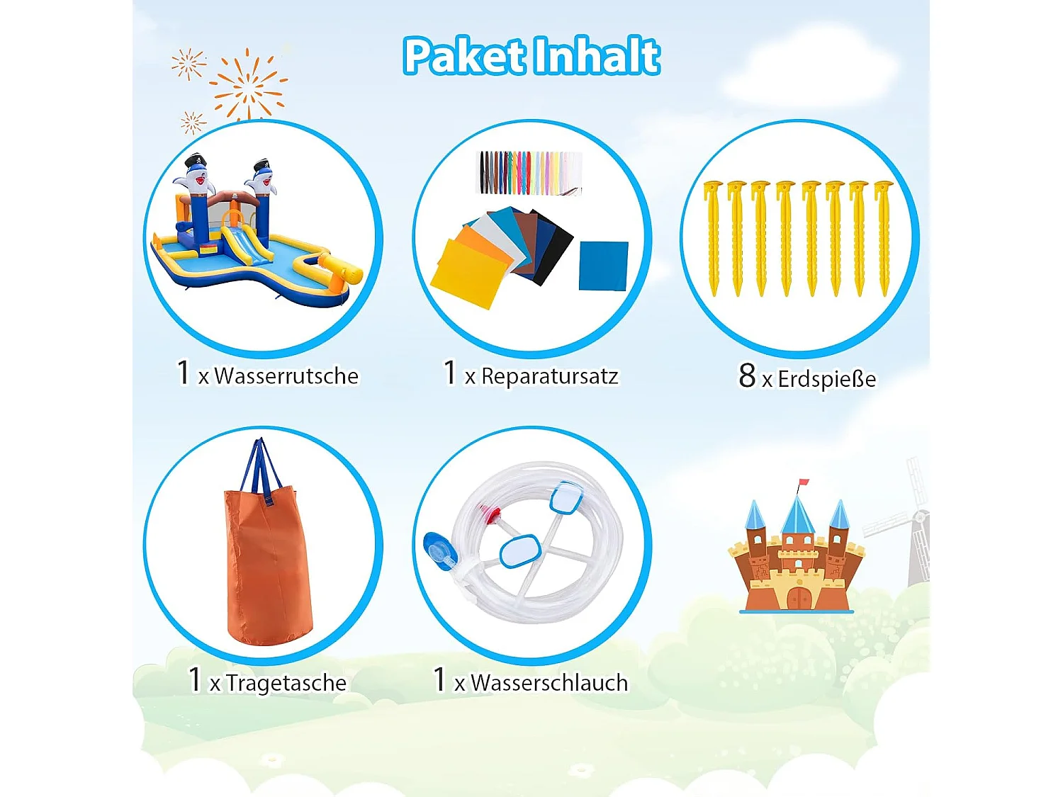 Springkasteel met droog-/waterglijbaan, springgebied, kinderbadje, waterkanon, basketbalkorf en boksspel, Bouncy Castle, 578 x 408 x 250 cm