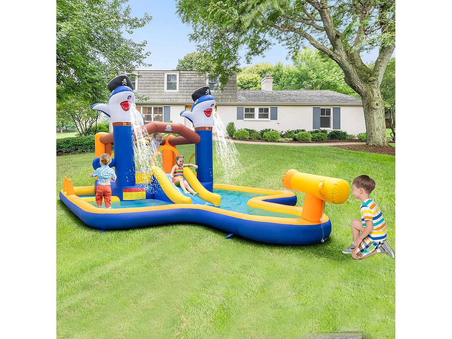 Springkasteel met droog-/waterglijbaan, springgebied, kinderbadje, waterkanon, basketbalkorf en boksspel, Bouncy Castle, 578 x 408 x 250 cm