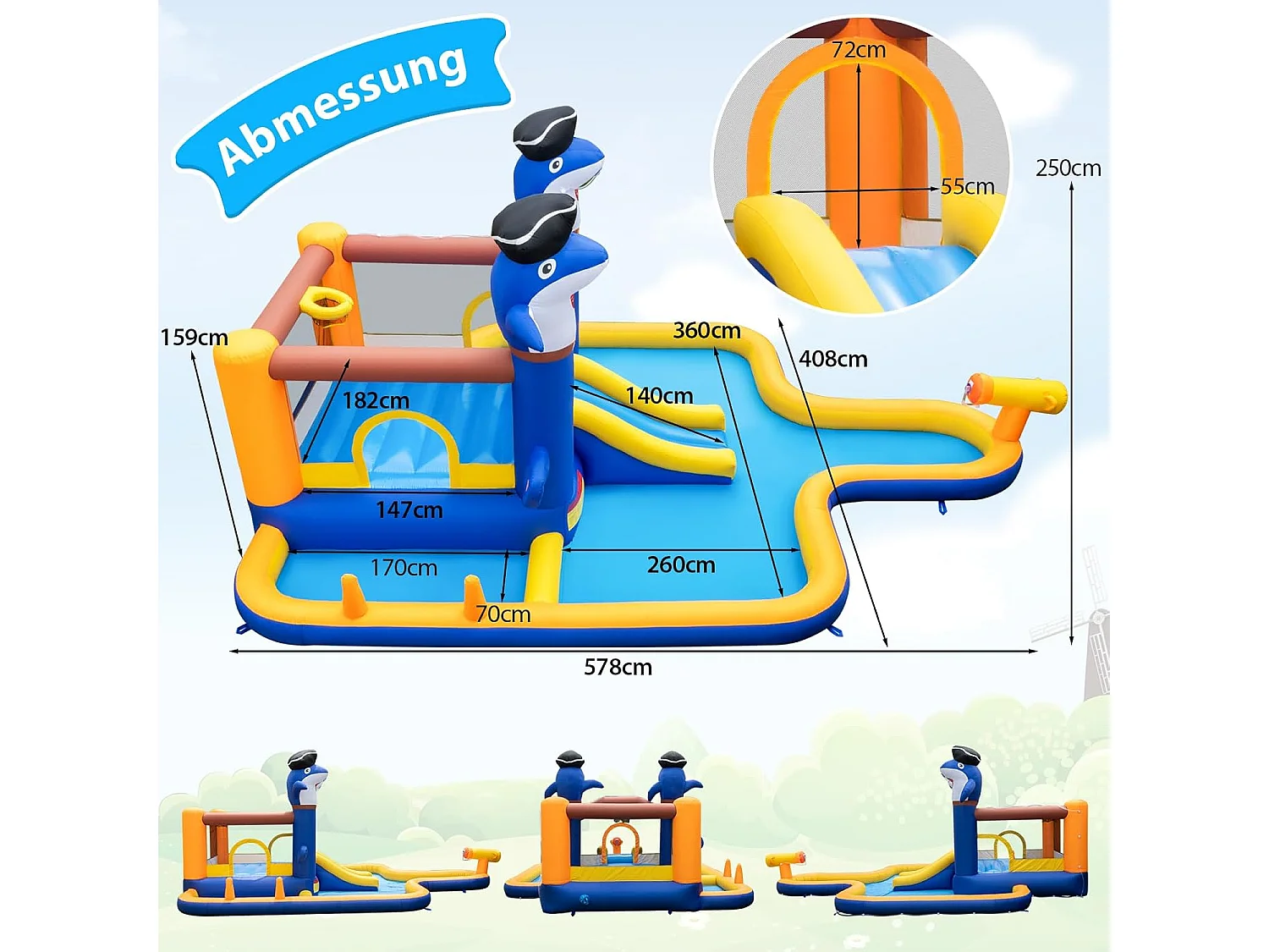 Springkasteel met droog-/waterglijbaan, springgebied, kinderbadje, waterkanon, basketbalkorf en boksspel, Bouncy Castle, 578 x 408 x 250 cm