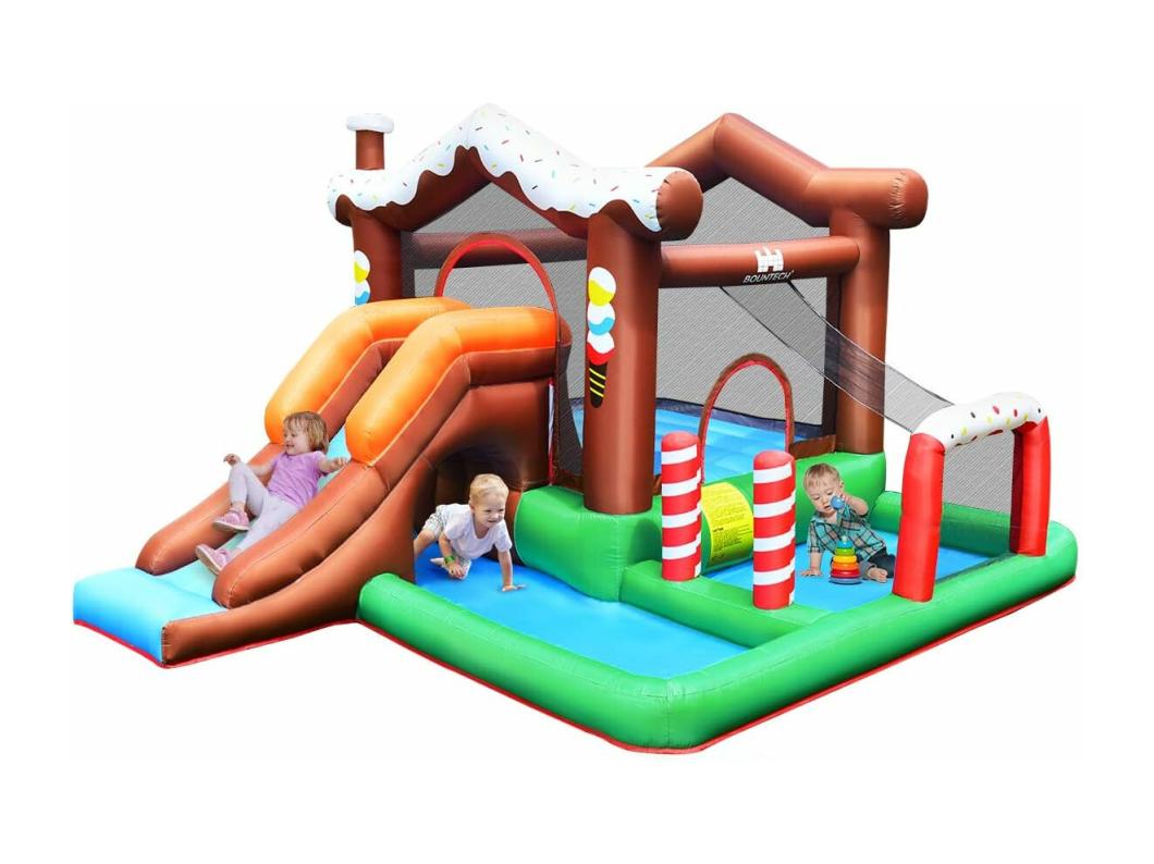 Opblaasbaar springkasteel, springkasteel, glijbaan, klimwand, basketbalmand, springkasteel, speelkasteel voor kinderen, 380 x 330 x 220 cm