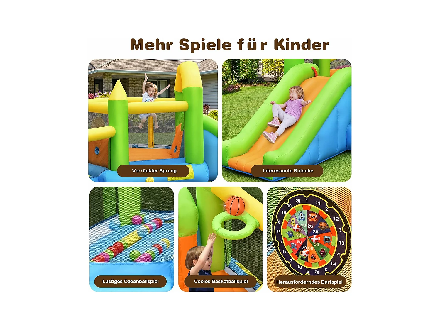 Opblaasbaar springkasteel met glijbaan, ballenbad, basketbalmand, springkasteel Springburg Bouncer inclusiefgrondpennen 477 x 241 x 208 cm