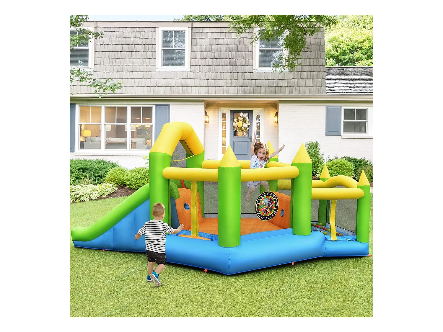 Opblaasbaar springkasteel met glijbaan, ballenbad, basketbalmand, springkasteel Springburg Bouncer inclusiefgrondpennen 477 x 241 x 208 cm