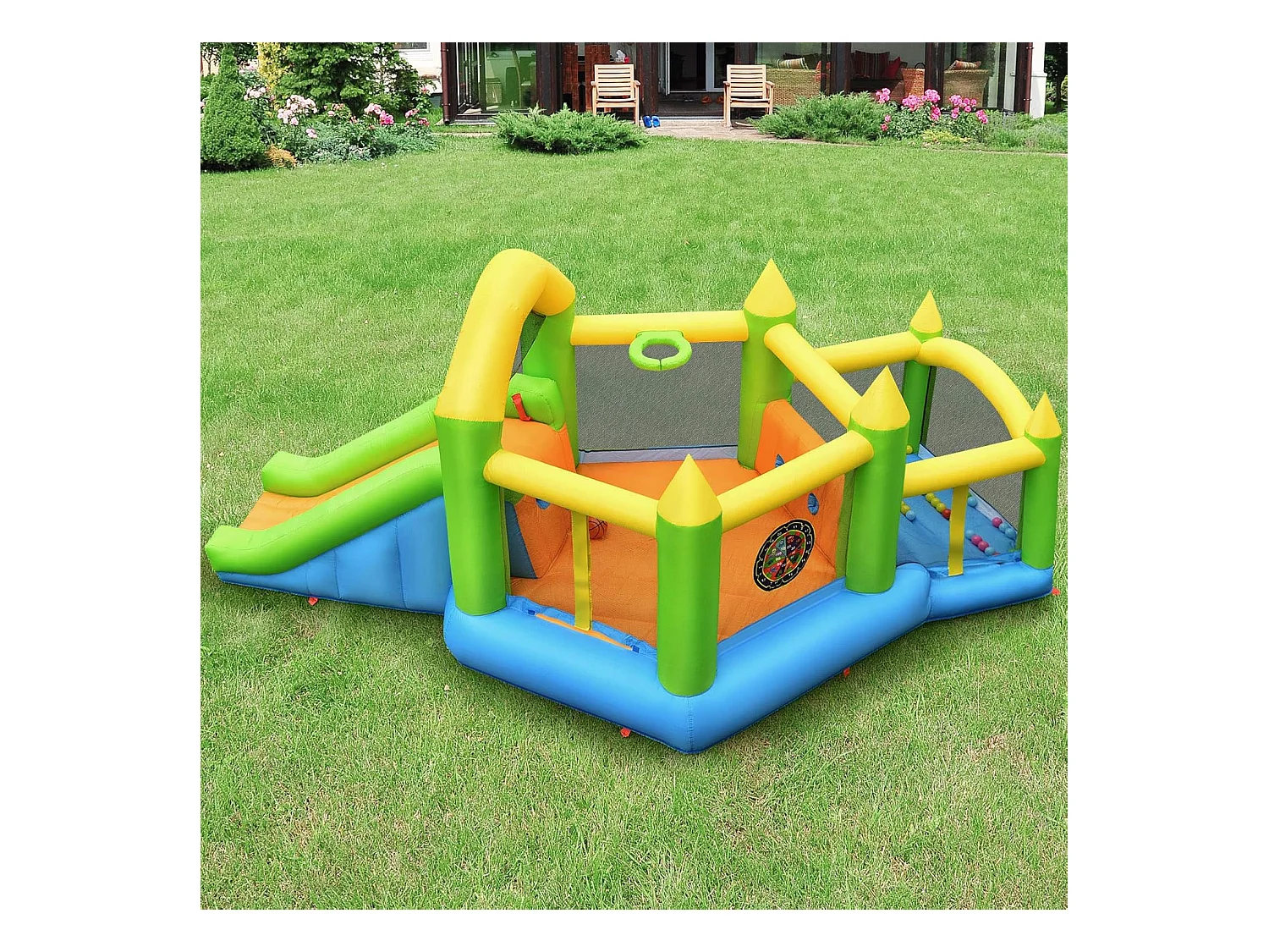 Opblaasbaar springkasteel met glijbaan, ballenbad, basketbalmand, springkasteel Springburg Bouncer inclusiefgrondpennen 477 x 241 x 208 cm