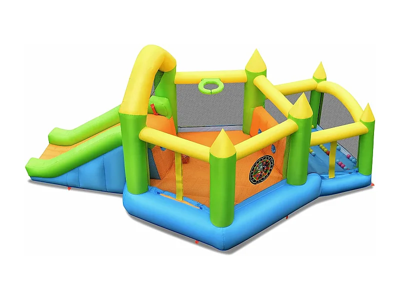 Opblaasbaar springkasteel met glijbaan, ballenbad, basketbalmand, springkasteel Springburg Bouncer inclusiefgrondpennen 477 x 241 x 208 cm