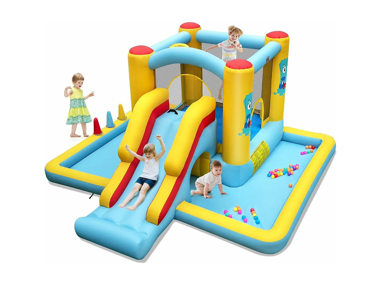 Springkasteel met glijbaan, tunnel, basketbalkorf en ringwerpspel, voor binnen en buiten, incl. kleurrijke ballen, basketbal, 394 x 389 x 194 cm