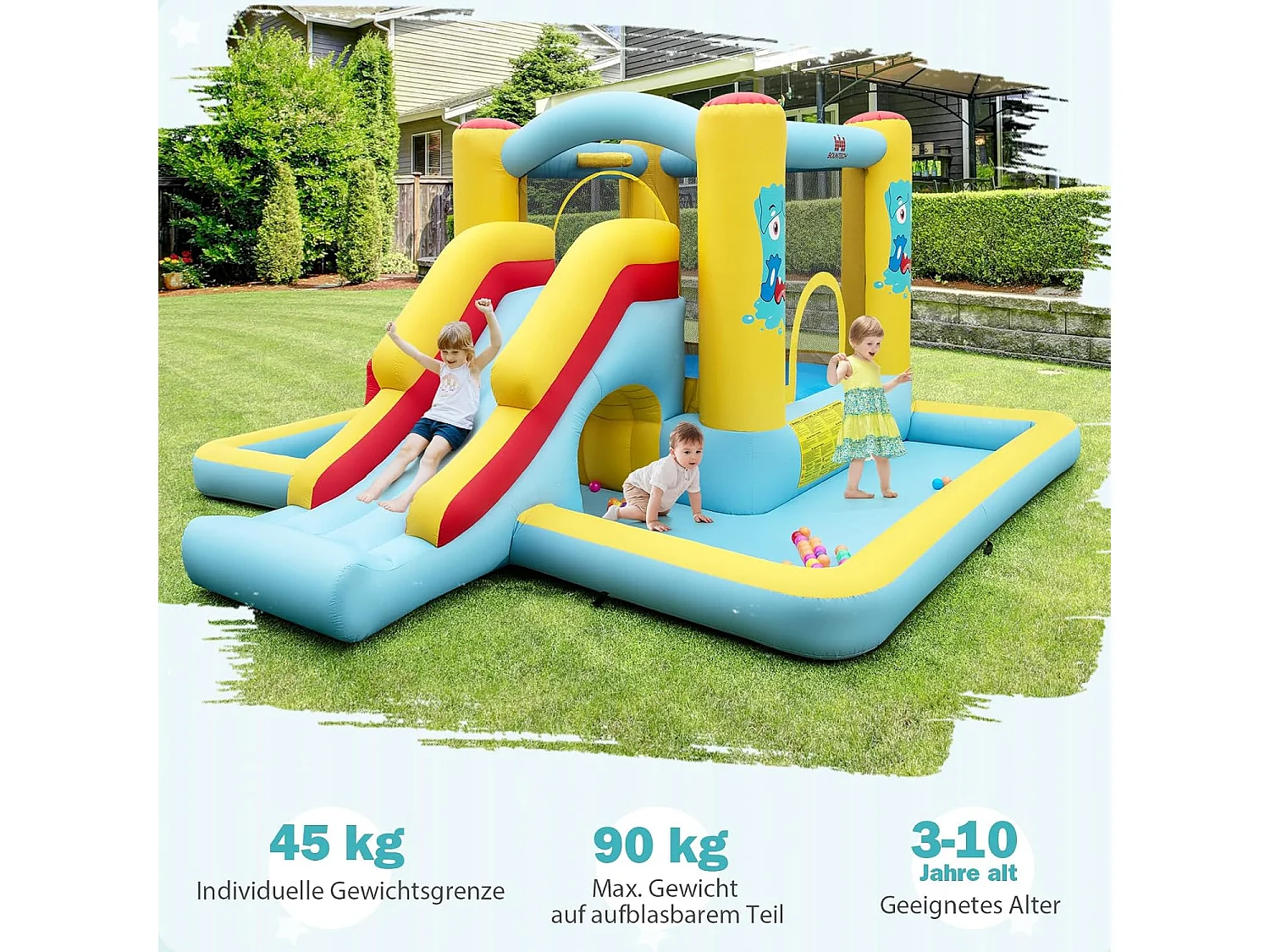 Springkasteel met glijbaan, tunnel, basketbalkorf en ringwerpspel, voor binnen en buiten, incl. kleurrijke ballen, basketbal, 394 x 389 x 194 cm