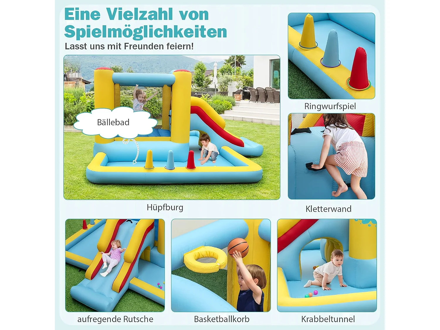 Springkasteel met glijbaan, tunnel, basketbalkorf en ringwerpspel, voor binnen en buiten, incl. kleurrijke ballen, basketbal, 394 x 389 x 194 cm