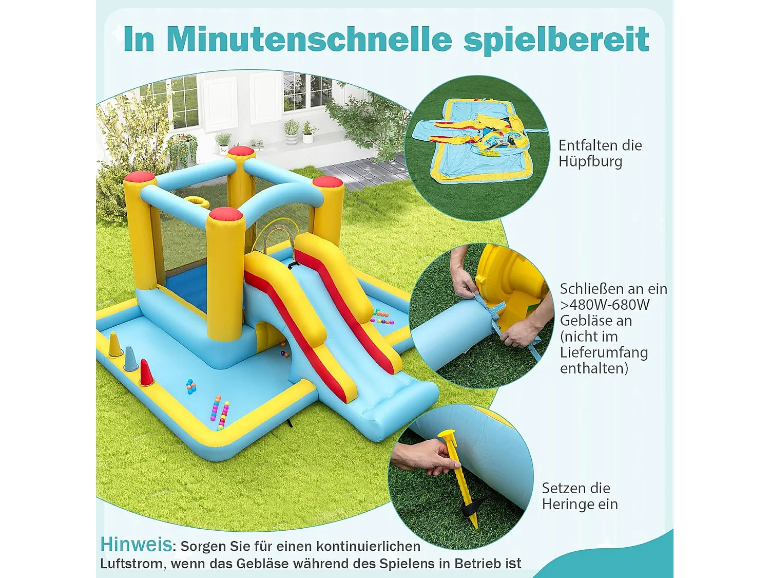 Springkasteel met glijbaan, tunnel, basketbalkorf en ringwerpspel, voor binnen en buiten, incl. kleurrijke ballen, basketbal, 394 x 389 x 194 cm