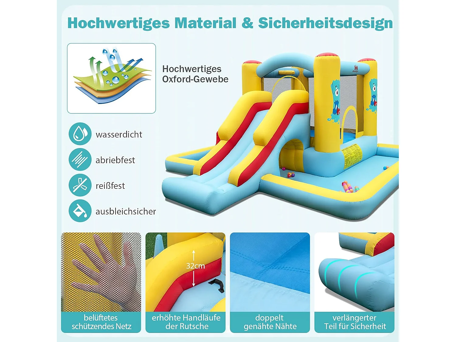 Springkasteel met glijbaan, tunnel, basketbalkorf en ringwerpspel, voor binnen en buiten, incl. kleurrijke ballen, basketbal, 394 x 389 x 194 cm