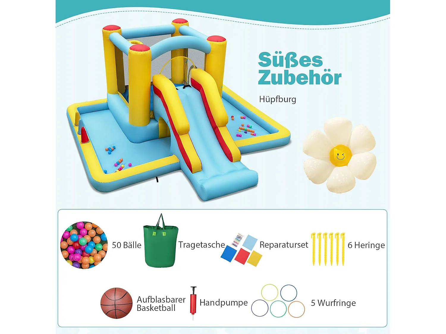 Springkasteel met glijbaan, tunnel, basketbalkorf en ringwerpspel, voor binnen en buiten, incl. kleurrijke ballen, basketbal, 394 x 389 x 194 cm