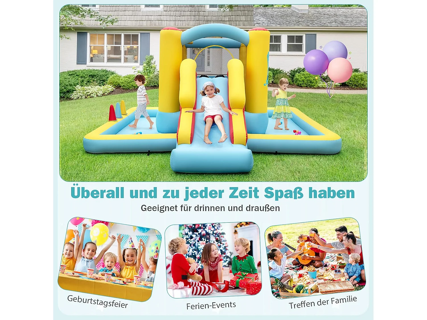 Springkasteel met glijbaan, tunnel, basketbalkorf en ringwerpspel, voor binnen en buiten, incl. kleurrijke ballen, basketbal, 394 x 389 x 194 cm