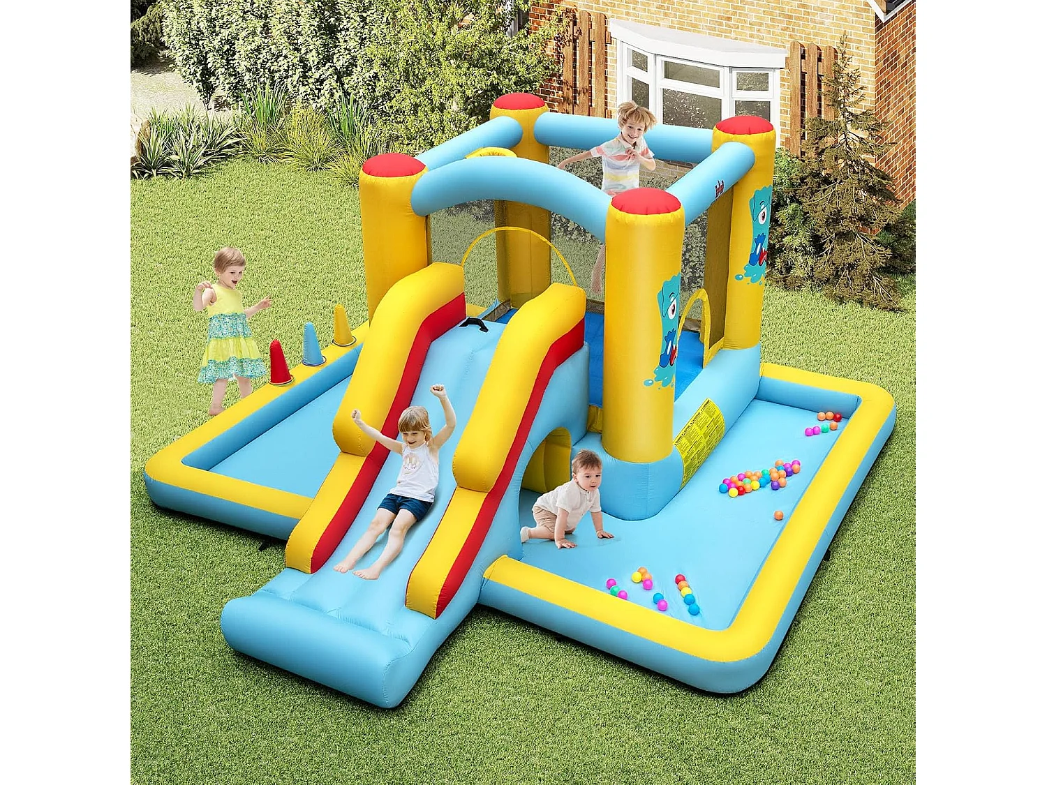 Springkasteel met glijbaan, tunnel, basketbalkorf en ringwerpspel, voor binnen en buiten, incl. kleurrijke ballen, basketbal, 394 x 389 x 194 cm