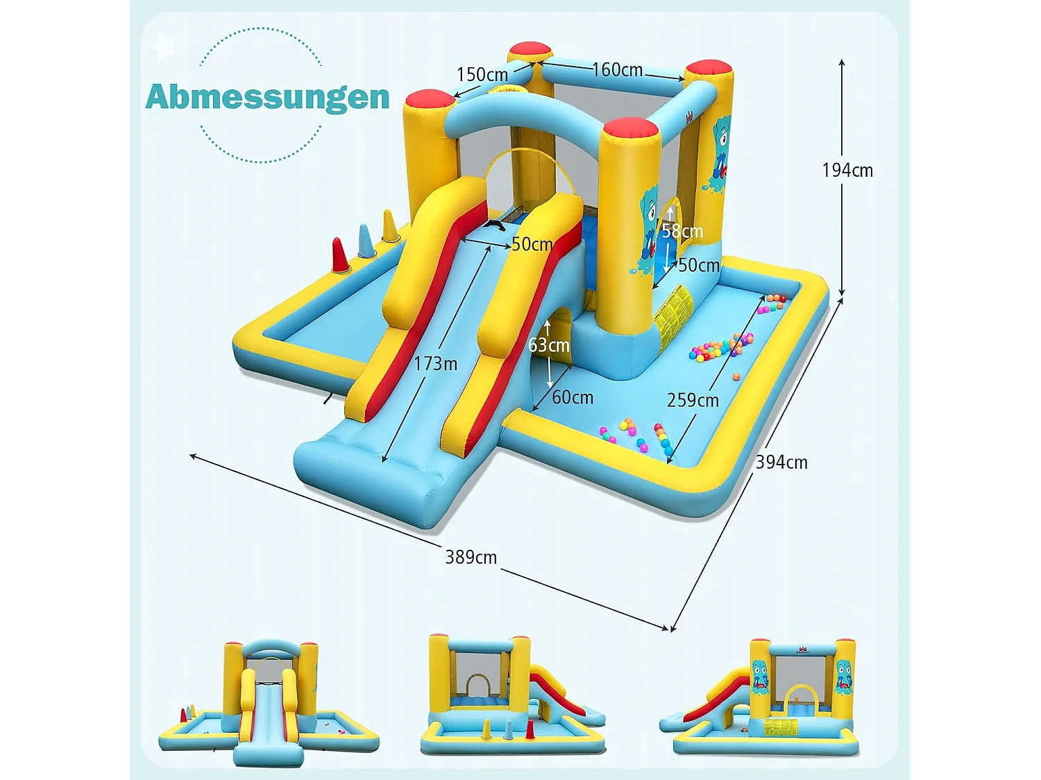 Springkasteel met glijbaan, tunnel, basketbalkorf en ringwerpspel, voor binnen en buiten, incl. kleurrijke ballen, basketbal, 394 x 389 x 194 cm