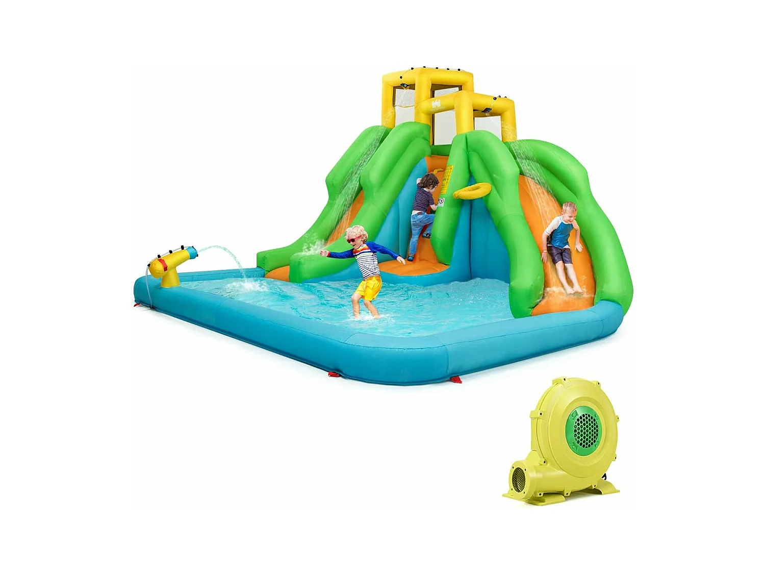 Springkasteel met blazer, waterpark met twee glijbanen, klimwand, basketbalmand, kinderbadje en waterkanon, incl.400 x 361 x 255 cmAB92368