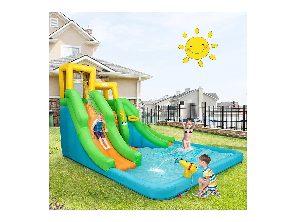 Springkasteel met blazer, waterpark met twee glijbanen, klimwand, basketbalmand, kinderbadje en waterkanon, incl.400 x 361 x 255 cmAB92368