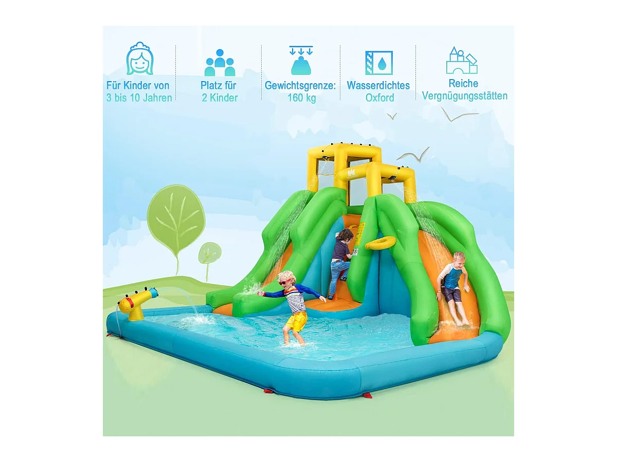 Springkasteel met blazer, waterpark met twee glijbanen, klimwand, basketbalmand, kinderbadje en waterkanon, incl.400 x 361 x 255 cmAB92368