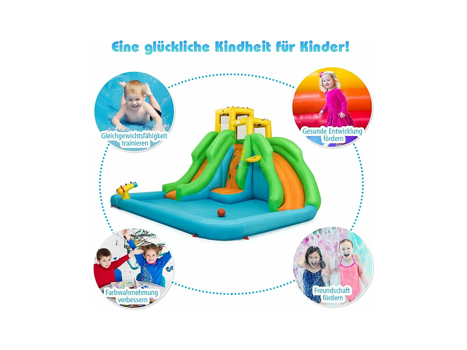 Springkasteel met blazer, waterpark met twee glijbanen, klimwand, basketbalmand, kinderbadje en waterkanon, incl.400 x 361 x 255 cmAB92368