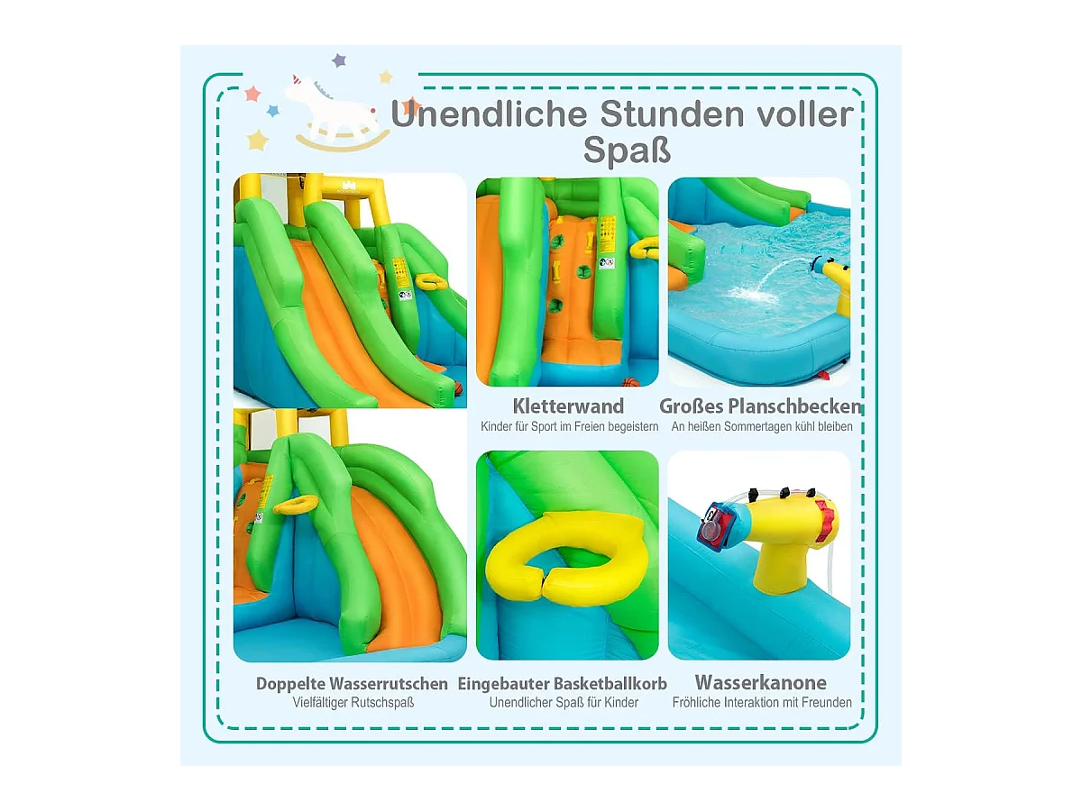 Springkasteel met blazer, waterpark met twee glijbanen, klimwand, basketbalmand, kinderbadje en waterkanon, incl.400 x 361 x 255 cmAB92368