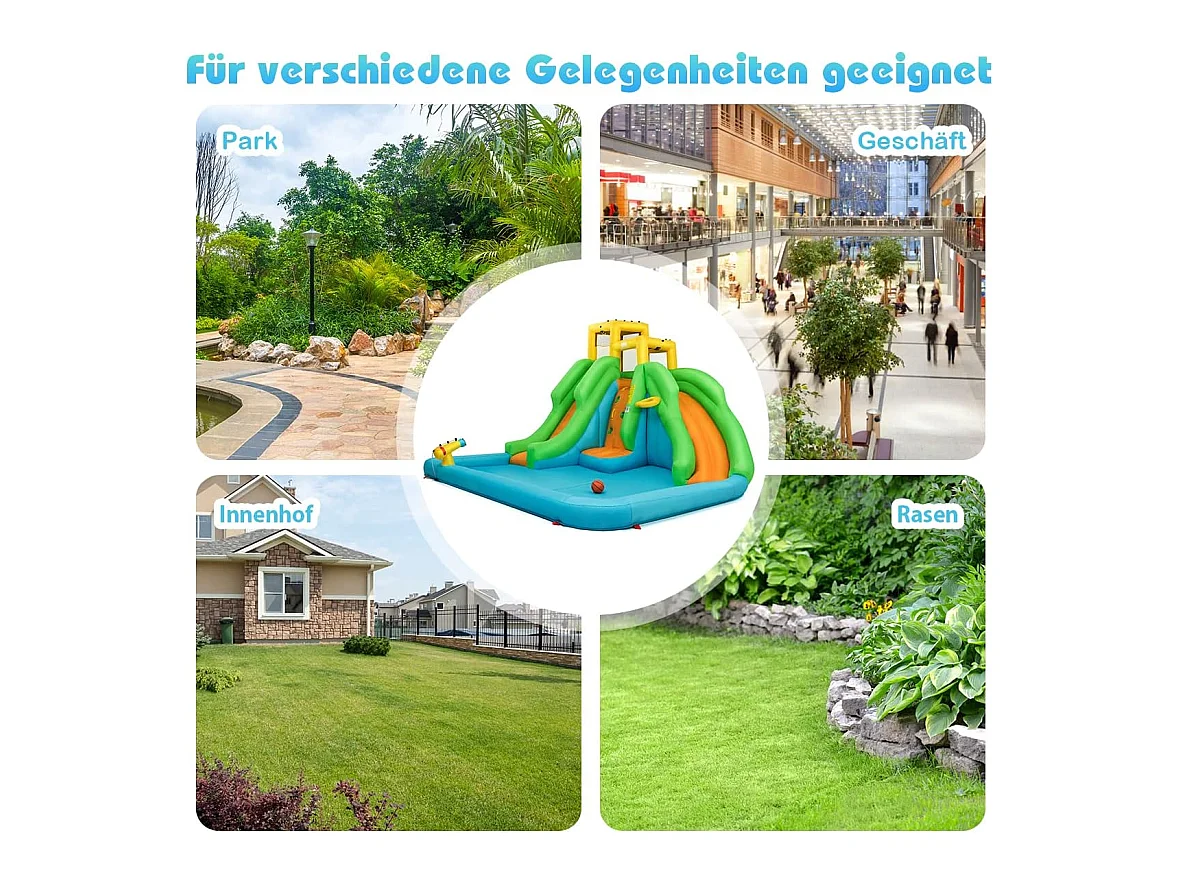 Springkasteel met blazer, waterpark met twee glijbanen, klimwand, basketbalmand, kinderbadje en waterkanon, incl.400 x 361 x 255 cmAB92368