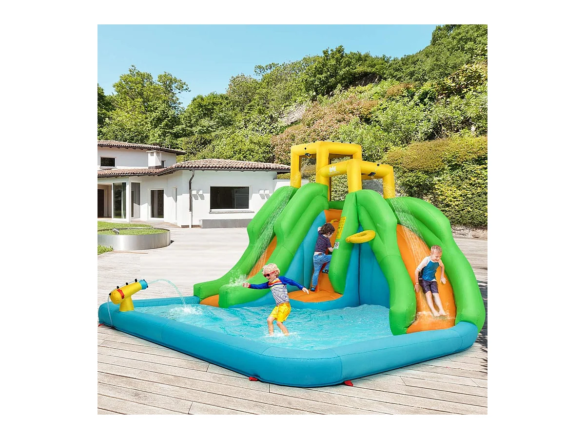 Springkasteel met blazer, waterpark met twee glijbanen, klimwand, basketbalmand, kinderbadje en waterkanon, incl.400 x 361 x 255 cmAB92368