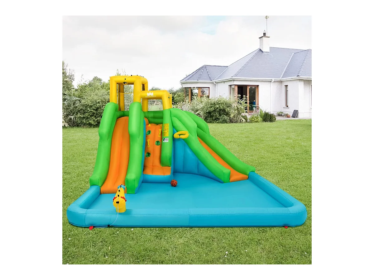 Springkasteel met blazer, waterpark met twee glijbanen, klimwand, basketbalmand, kinderbadje en waterkanon, incl.400 x 361 x 255 cmAB92368