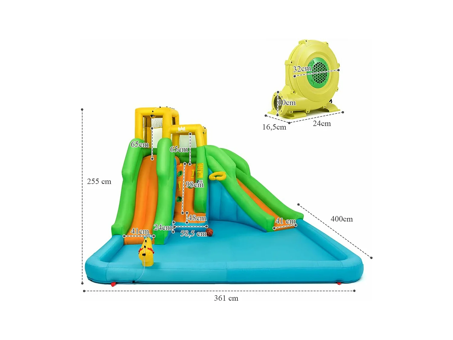 Springkasteel met blazer, waterpark met twee glijbanen, klimwand, basketbalmand, kinderbadje en waterkanon, incl.400 x 361 x 255 cmAB92368