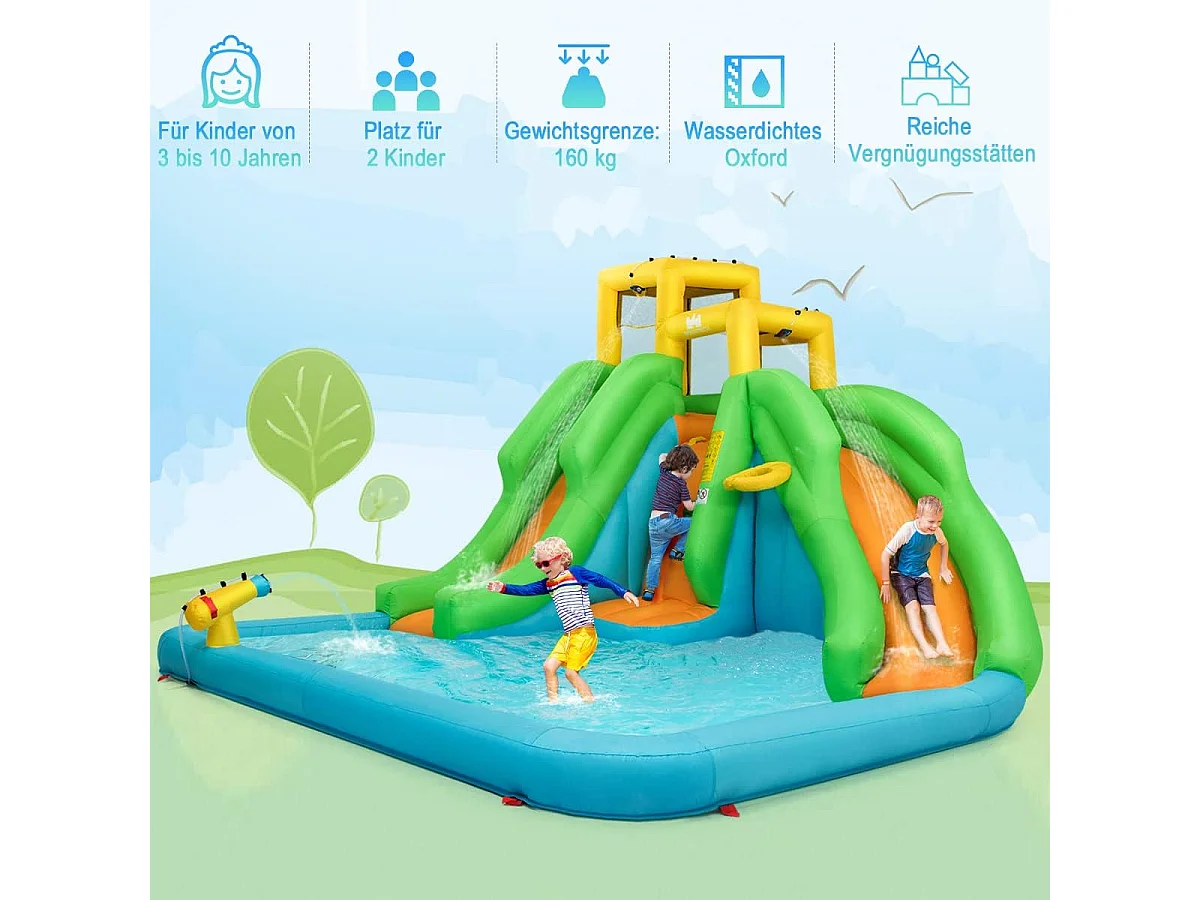 Springkasteel met blazer, waterpark met twee glijbanen, klimwand, basketbalmand, kinderbadje en waterkanon, incl.400 x 361 x 255 cmAB92368