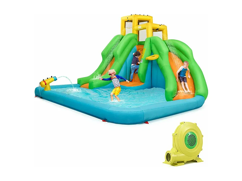 Springkasteel met blazer, waterpark met twee glijbanen, klimwand, basketbalmand, kinderbadje en waterkanon, incl.400 x 361 x 255 cmAB92368