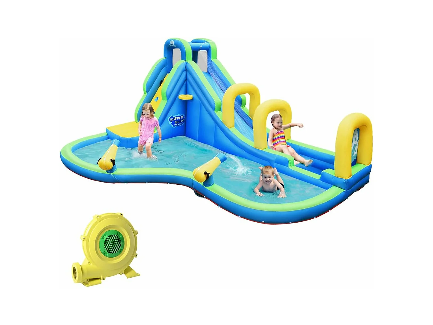 Springkasteel, waterglijbaan, opblaasbaar, waterspeelcentrum met glijbaan, opblaasbaar, kinderbadje, 478 x 366 x 242 cm AB92175