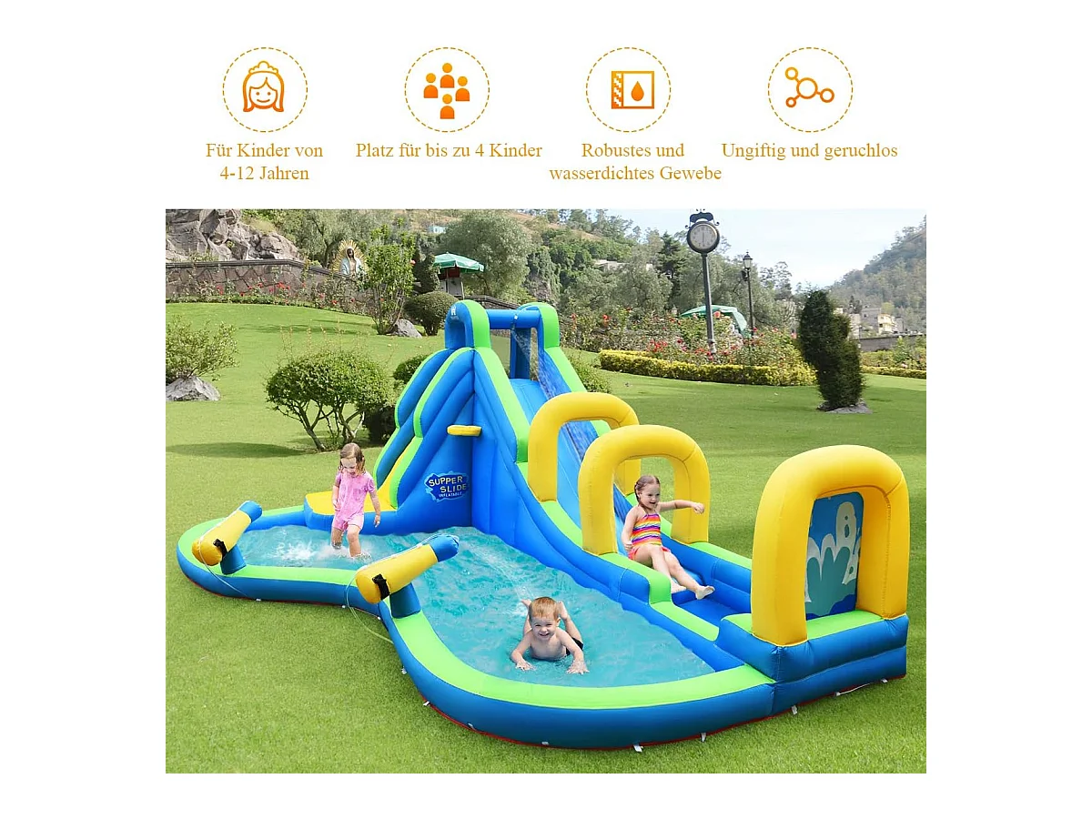 Springkasteel, waterglijbaan, opblaasbaar, waterspeelcentrum met glijbaan, opblaasbaar, kinderbadje, 478 x 366 x 242 cm AB92175